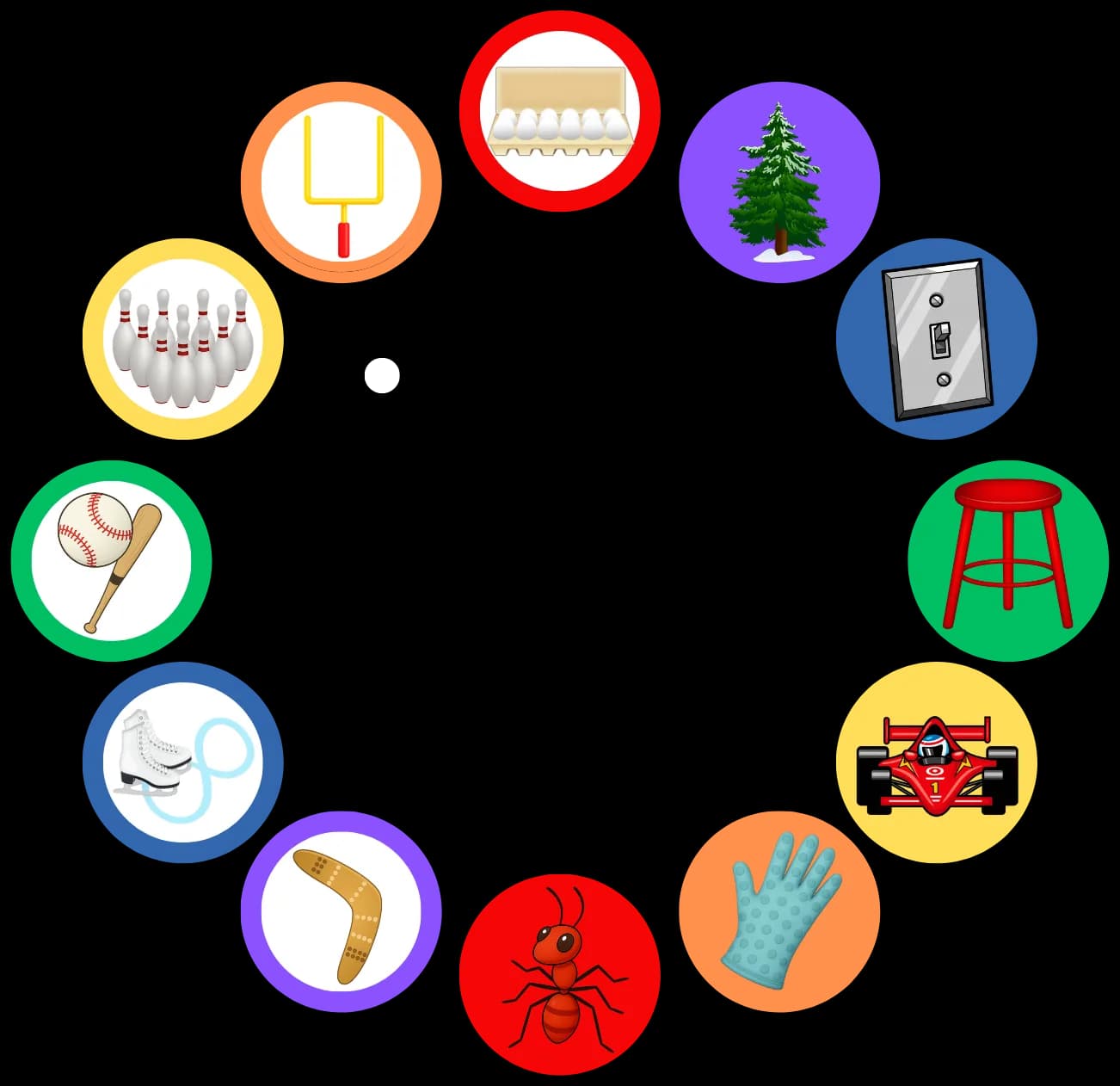 A ring of twelve coloured circles, each holding an everyday object that stands for a number — an egg carton, a bowling set, a race car