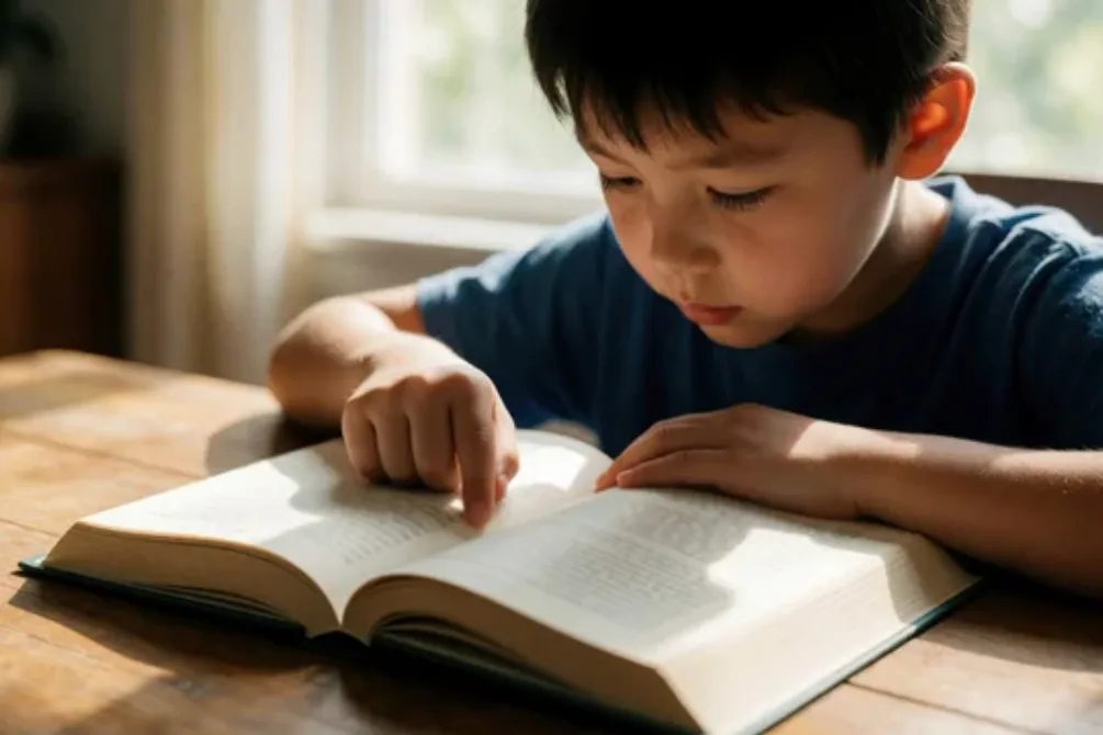 A child leaning close over a thick book, holding their place on the line with one finger
