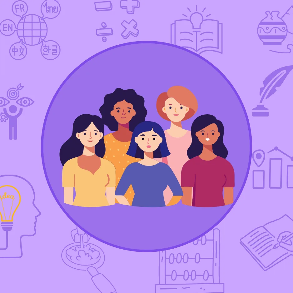 An illustration of five women standing together, ringed by drawings of school subjects